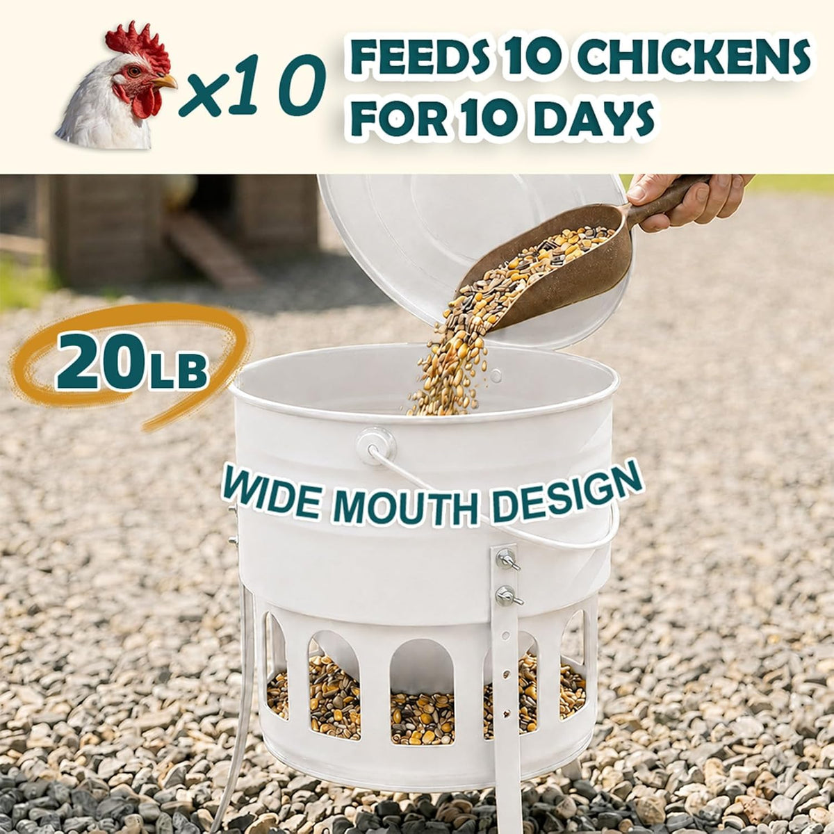 Metal Chicken Feeder No Waste - 20LB Large Chicken Feeder with 12 Ports & 4 Adjustable Heights Tripod Stand