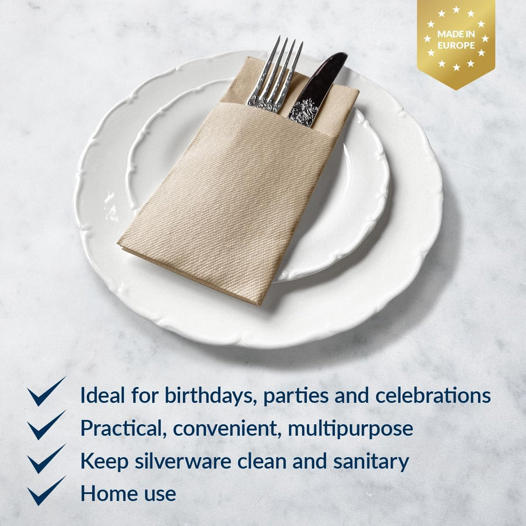 Wedding Linen Feel Flatware Pocket Napkins, Prefolded 50 Count - Beige