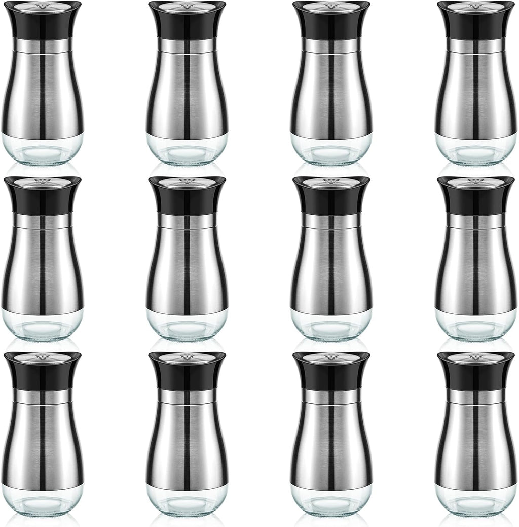 12 Pack Stainless Steel Salt and Pepper Shakers Set with Stainless Steel Lid Glass Bottle Refillable Salt Dispenser