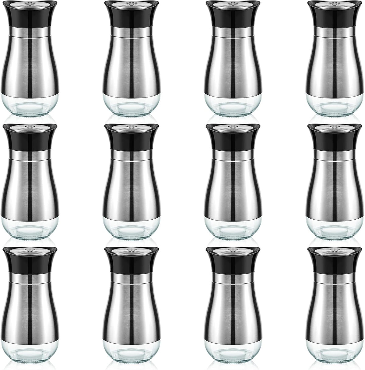 12 Pack Stainless Steel Salt and Pepper Shakers Set with Stainless Steel Lid Glass Bottle Refillable Salt Dispenser