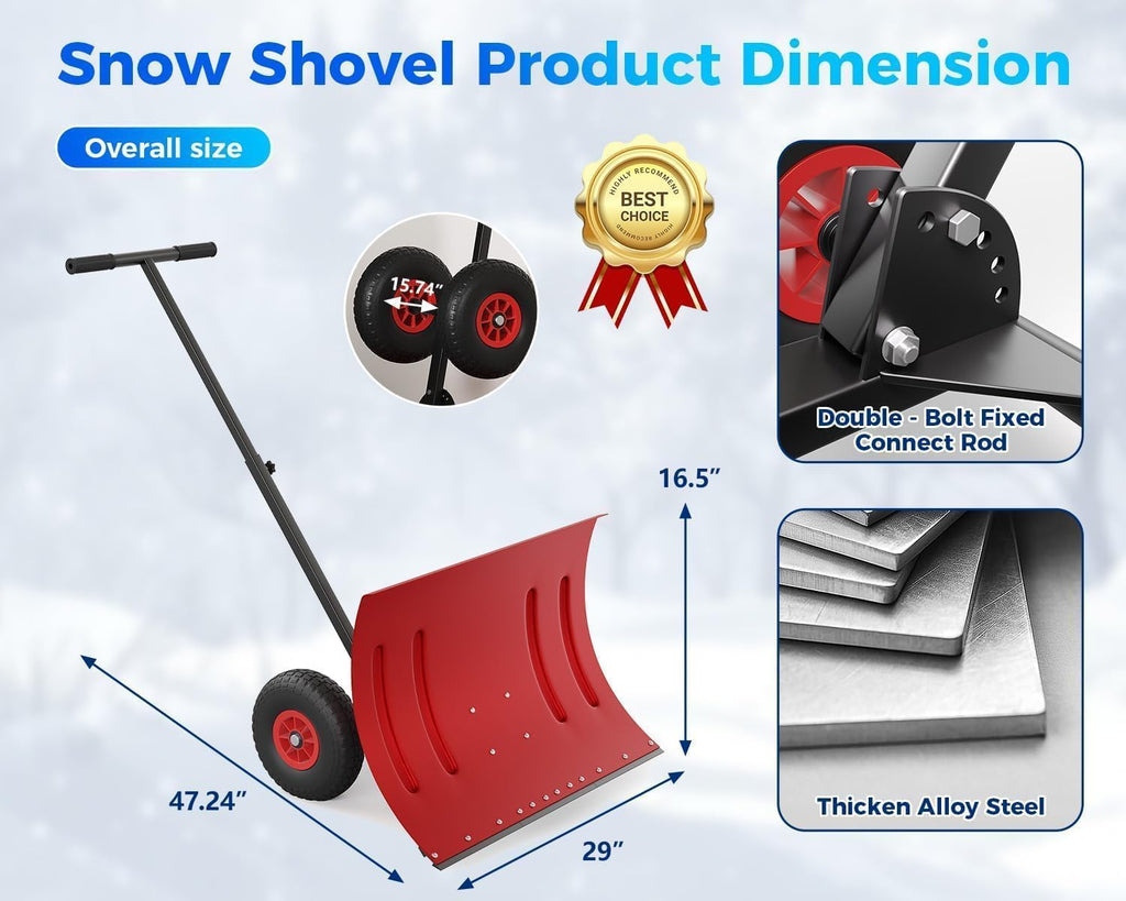 Heavy-Duty Snow Pusher with Wheels, 29" Snow Shovel Plow for Driveway, 5-Position Adjustable Handle, Lightweight Wide