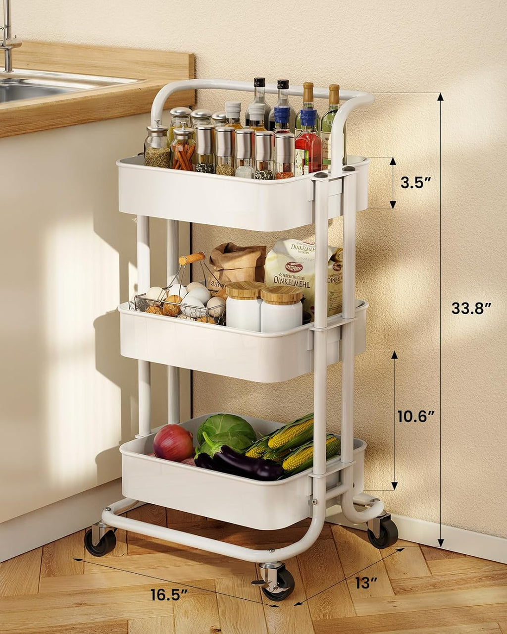 3 Tier Rolling Cart, Utility Cart with Wheels & Handle, White