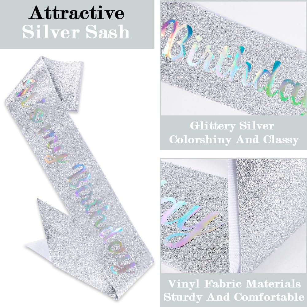 It's My Birthday Sash and Crown for Women Girls - Silver Glitter Birthday Sash, Crystal Princess Tiara, Queen Crown