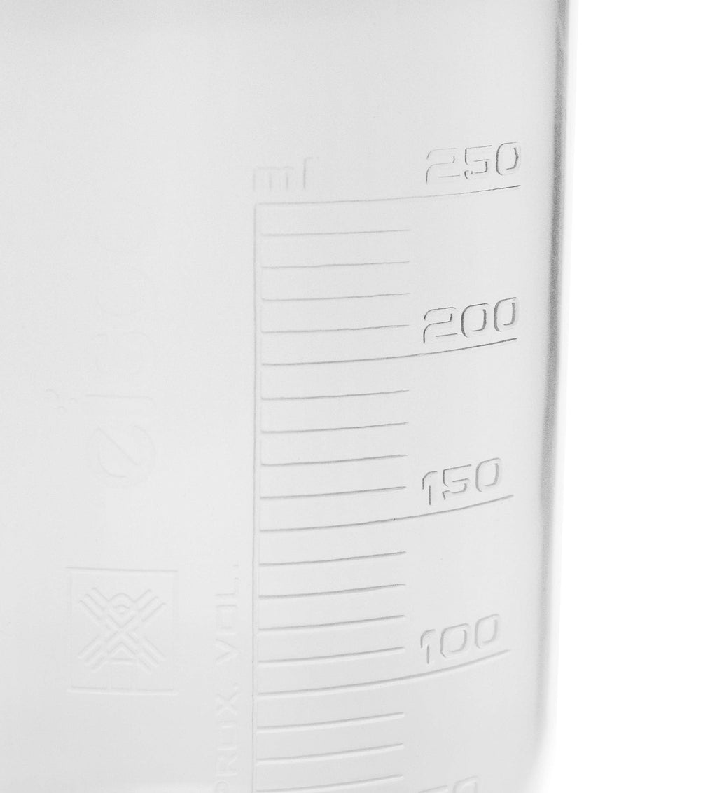 12PK Plastic Beakers, 250ml - Polypropylene Plastic - Raised Graduations, Tapered Spout - Euro Design