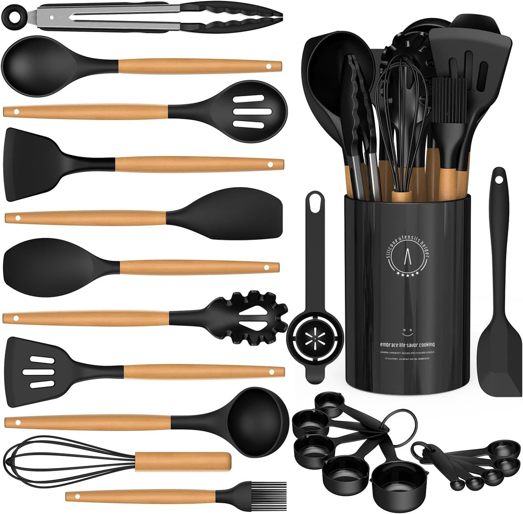 Silicone Cooking Utensils Set - AVGPD Silicone Kitchen Utensils for Cooking Wooden Handles, 446°F Heat Resistant