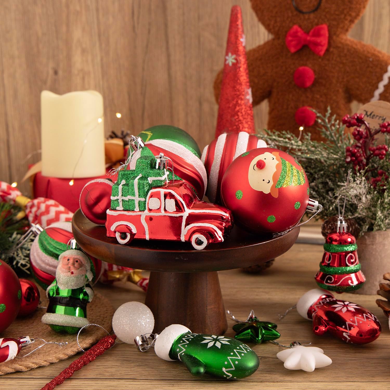 Christmas Ball Ornaments Set, 64 ct Joyful Red Green White Collection Splendor Xmas Assorted Shatterproof Ornaments