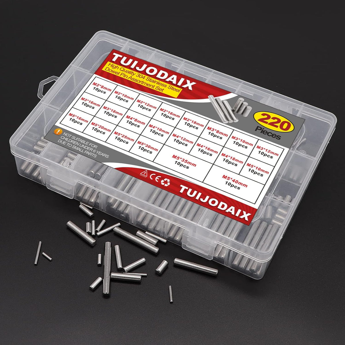 220Pcs 304SS Dowel Pin Assortment Kit M2-M5 Shelf Support Pins