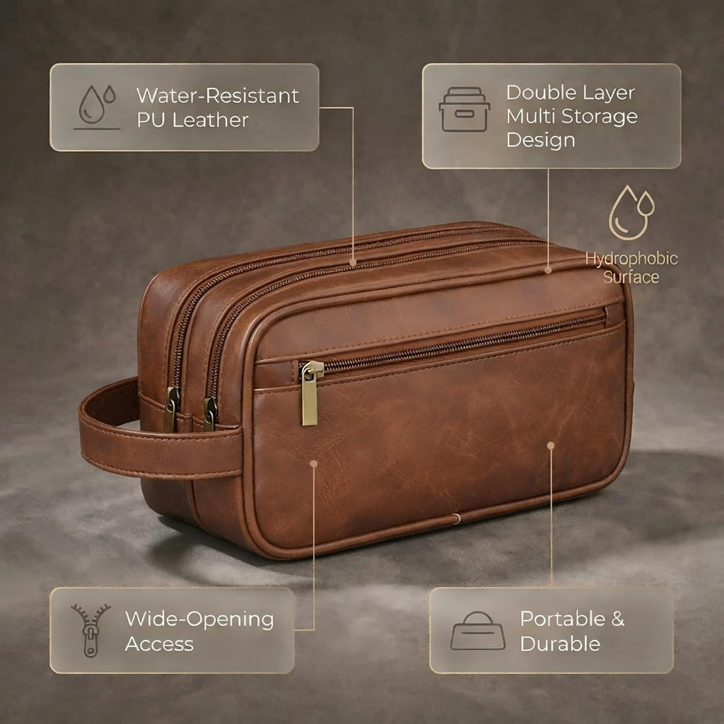 Men’s Toiletry Bag Travel Dopp Kit – double-deck PU Leather Water-Resistant Shaving Organizer Large Capacity, Double