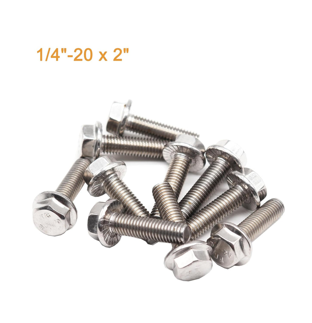 10pcs 1/4"-20 x 2 Serrated Flanged Hex Bolts Flange Hexagon Screws, Stainless Steel 18-8 (304), Plain Finish