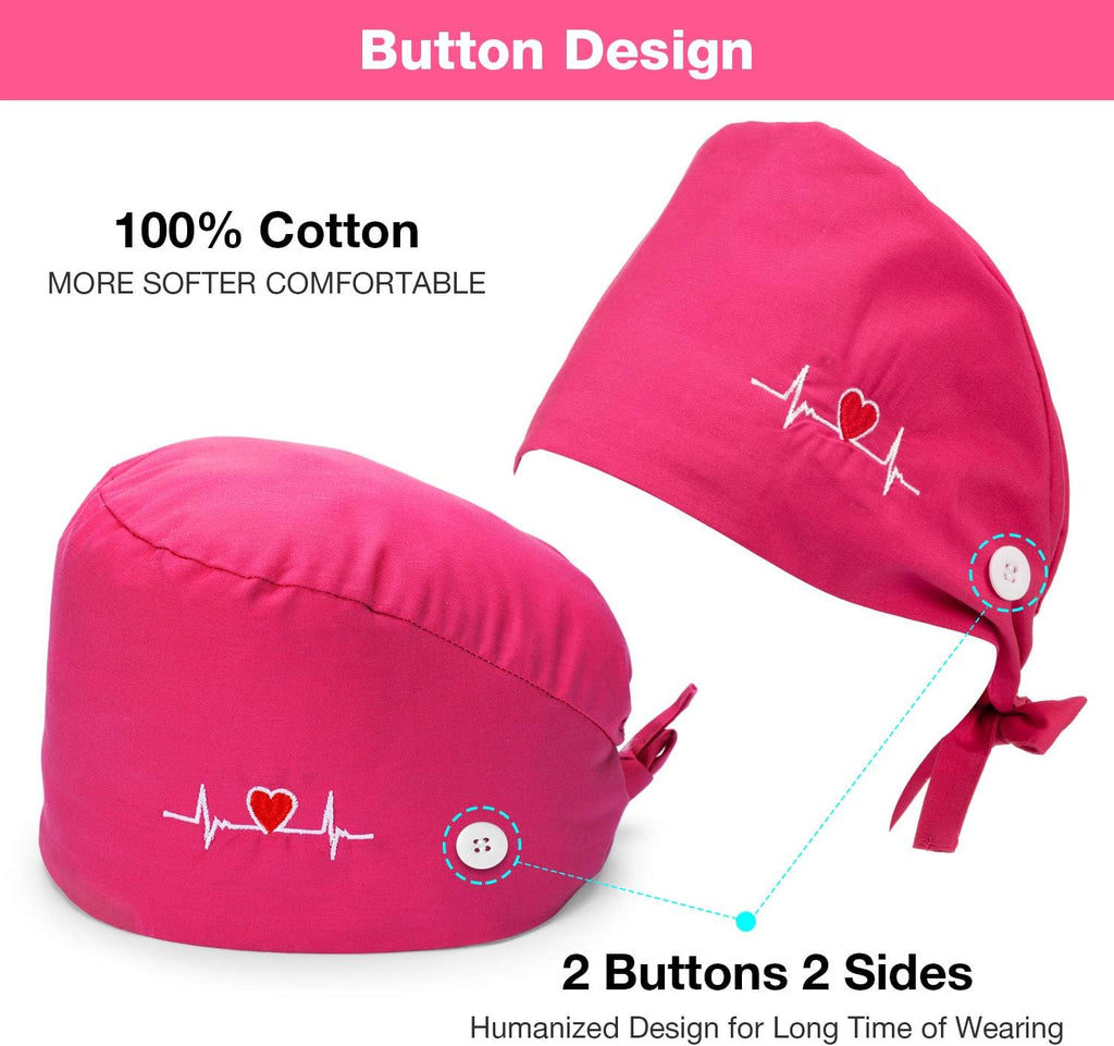 5 Pieces Bouffant Cap with Buttons Unisex Sweatband Adjustable Tie Back Hat