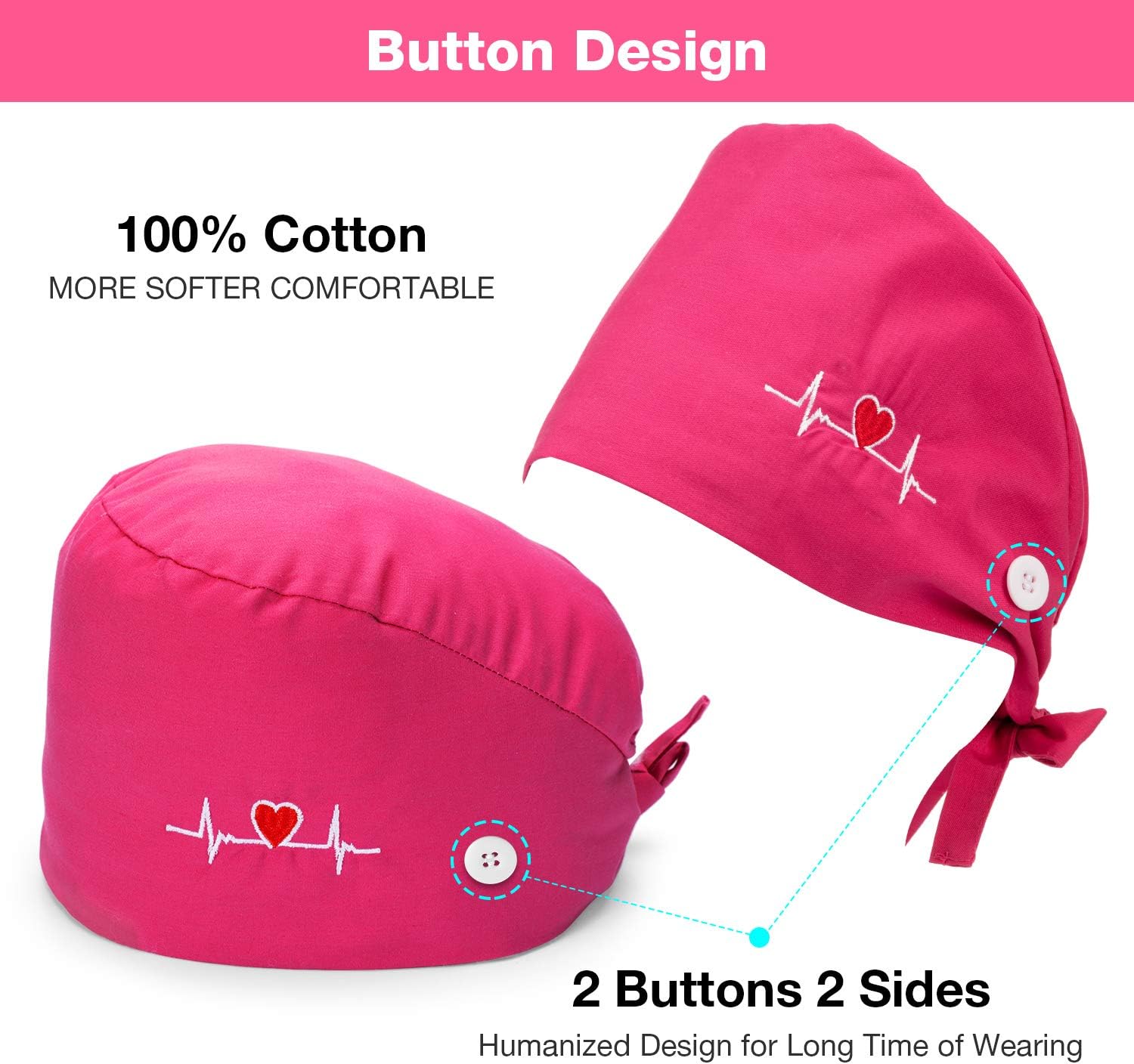 5 Pieces Bouffant Cap with Buttons Unisex Sweatband Adjustable Tie Back Hat
