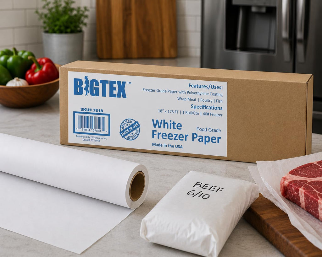 White Freezer Paper 18 inch x 175 feet, 2” Core, 1 Roll, 40lb. Big Tex by ALLIANCE – Food Grade Paper W/Side Cutter