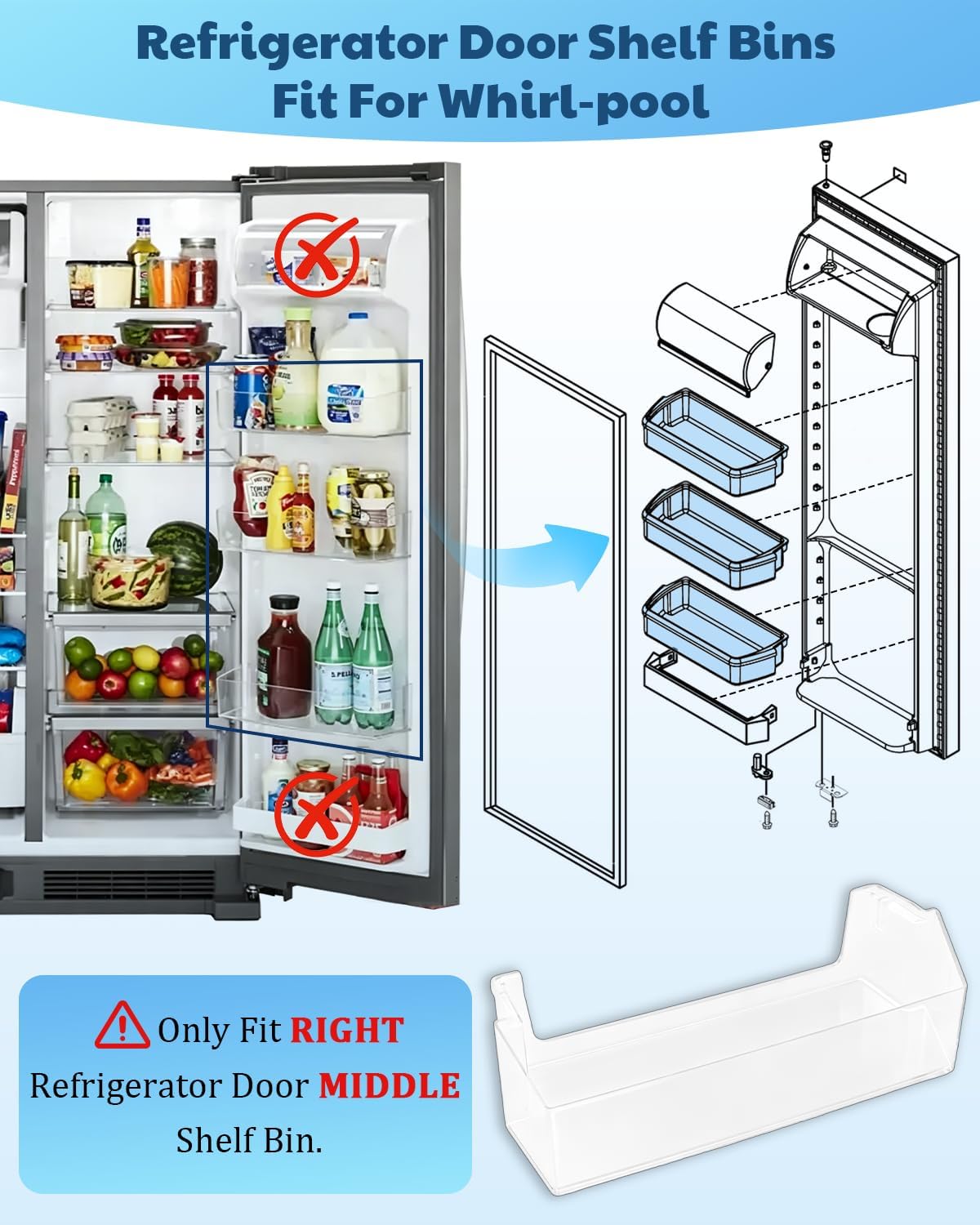 WRS321SDHZ05 WRS325SDHZ08 Right Door Shelf Bin for Whirl-pool Refrigerator