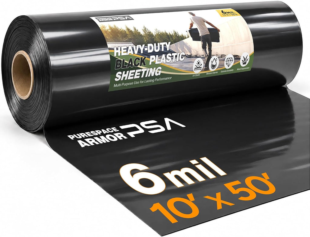 6 Mil Black Plastic Sheeting (10' x 50') - Heavy Duty, UV Resistant Polyethylene Sheeting Roll for Greenhouse, Vapor