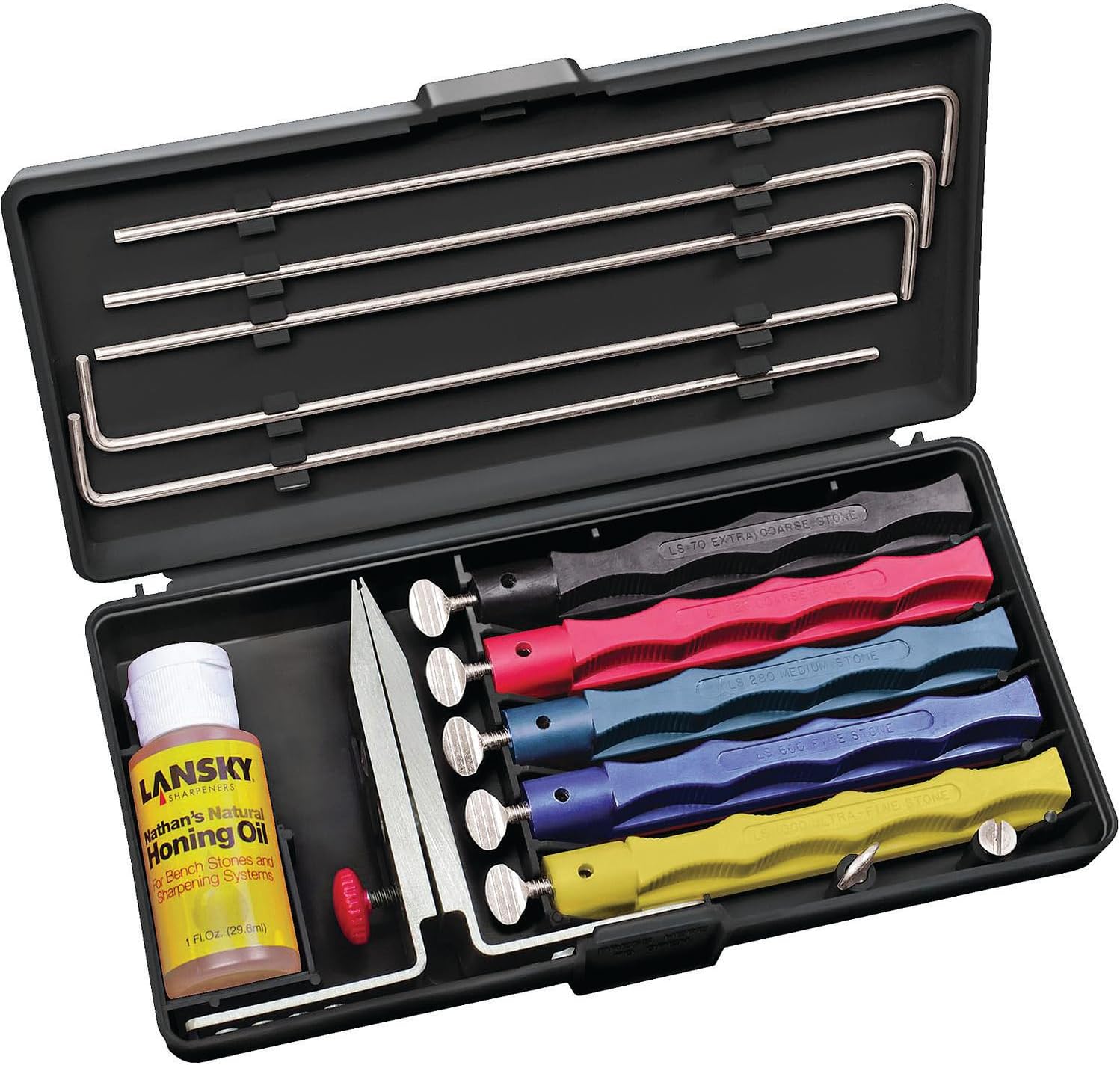 Deluxe Knife Sharpening System: 5-Stone Ceramic Knife Sharpener Kit with Honing Oil - LKCLX | Honing oil included