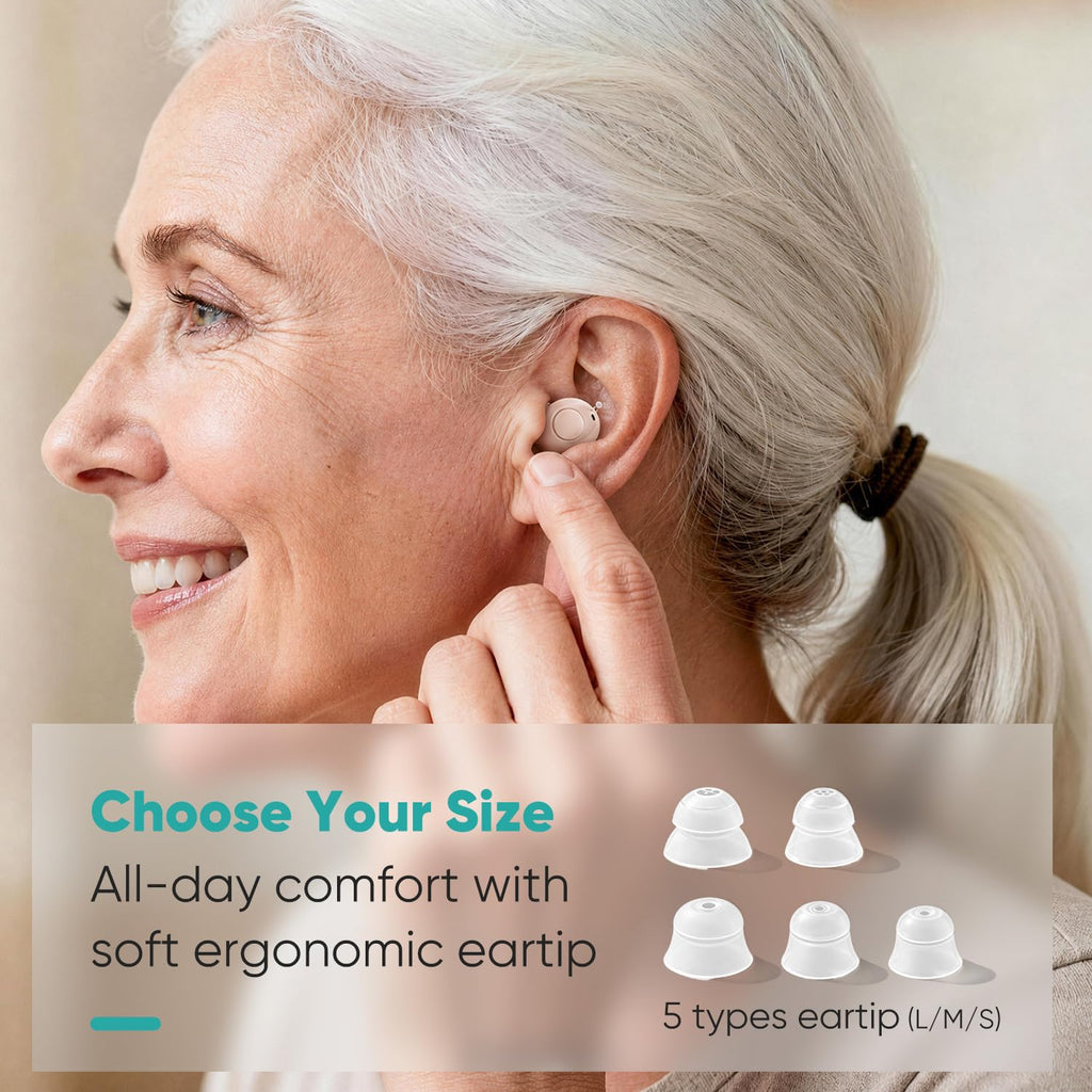 Rechargeable OTC In-Ear Hearing Aids for Seniors, ivory white