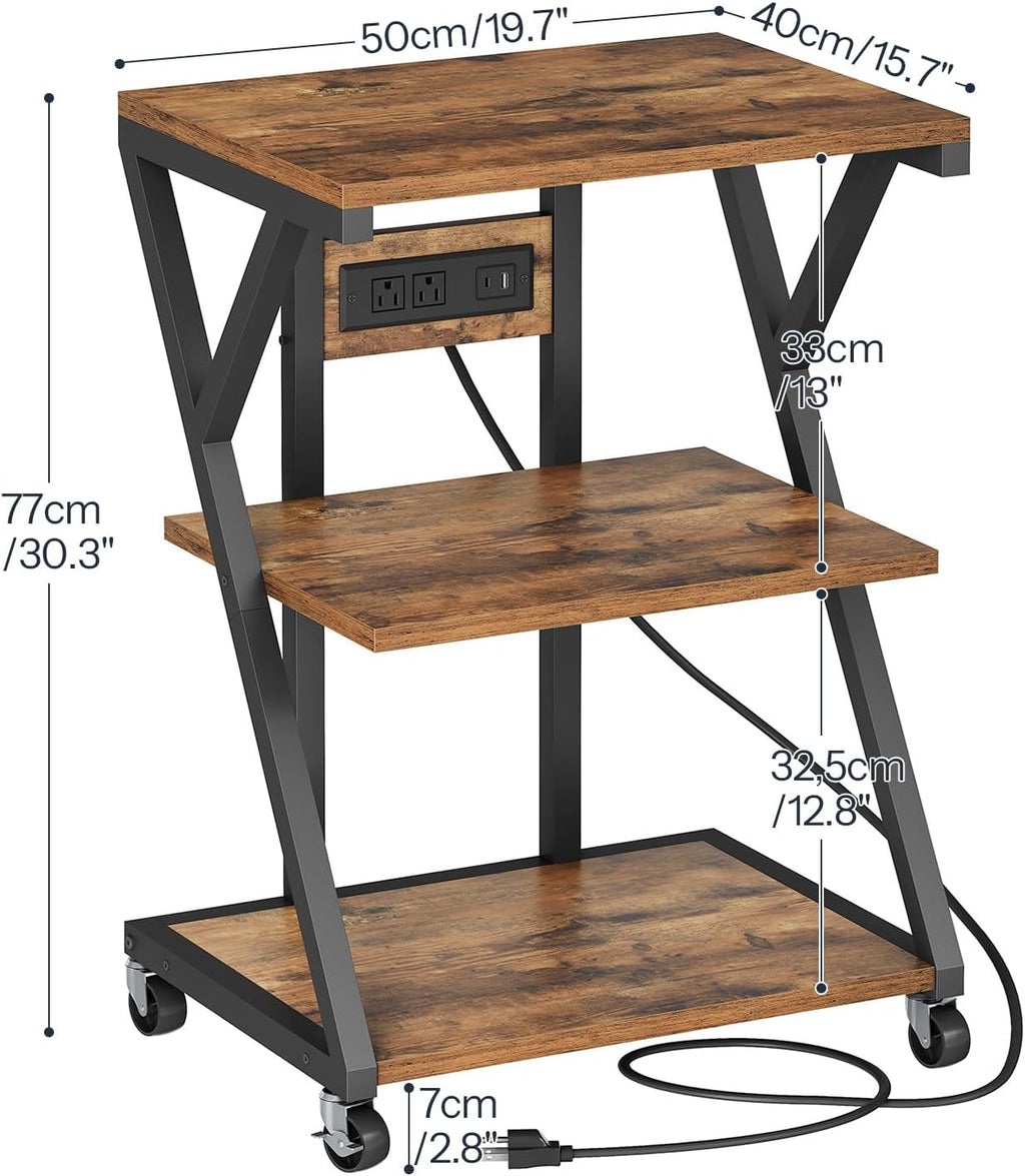 3-Tier Printer Stand, Mobile Printer Table, Rolling Cart with Charging Station, Home Printer Stand