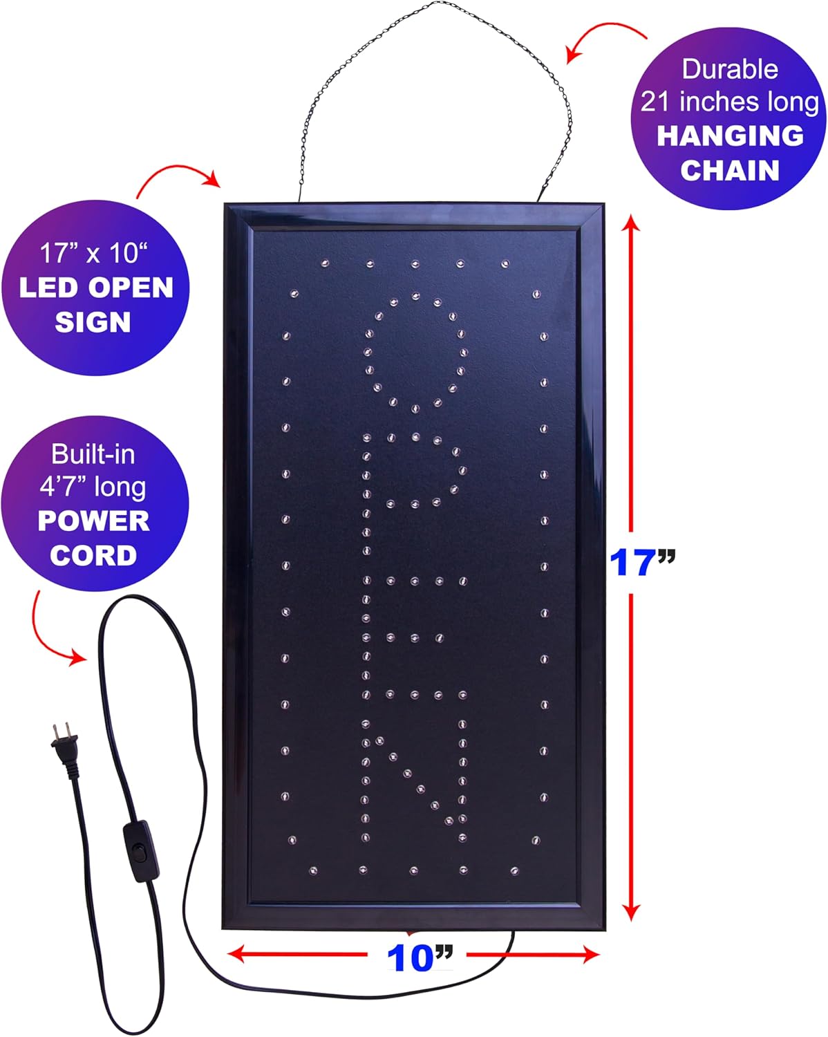 Open Sign for Business, Bright Vertical Neon-Style LED Sign