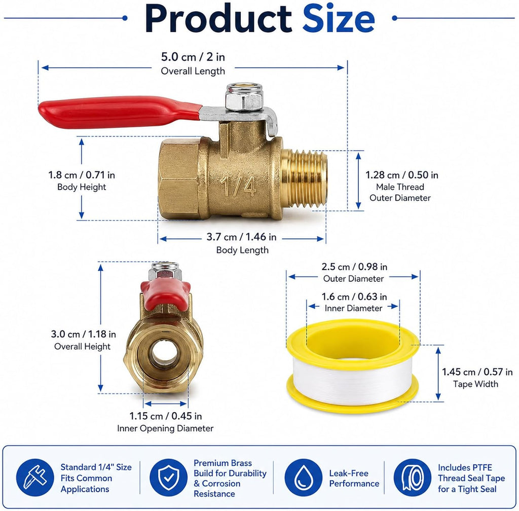4 Pack 1/4 Inch Ball Valve Heavy Duty Brass Ball NPT Valve Shut Off Switch