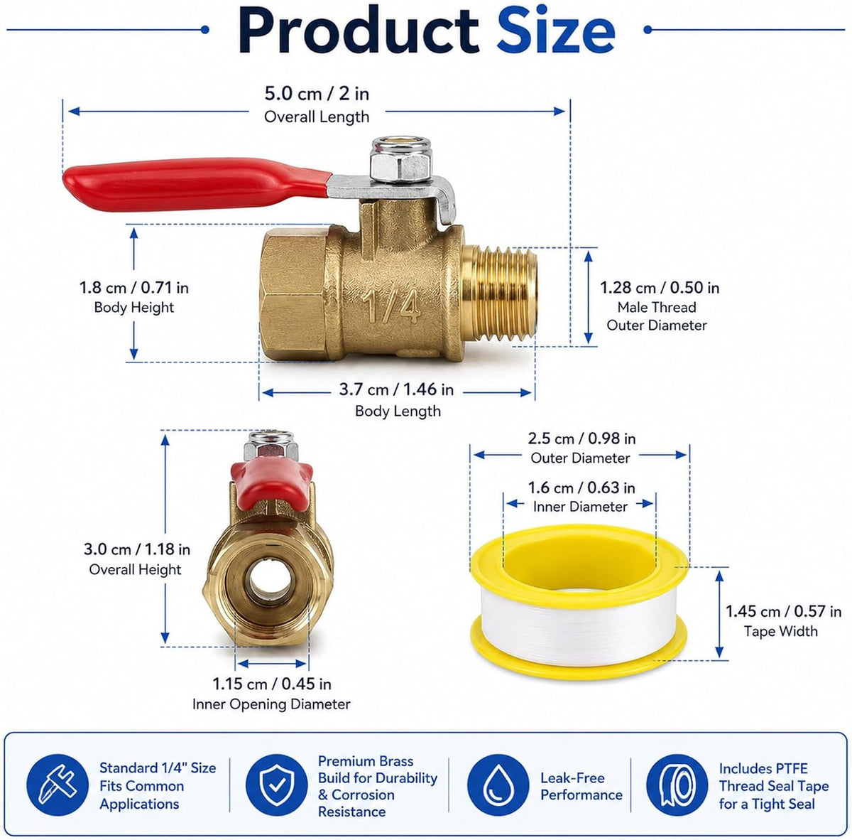 4 Pack 1/4 Inch Ball Valve Heavy Duty Brass Ball NPT Valve Shut Off Switch
