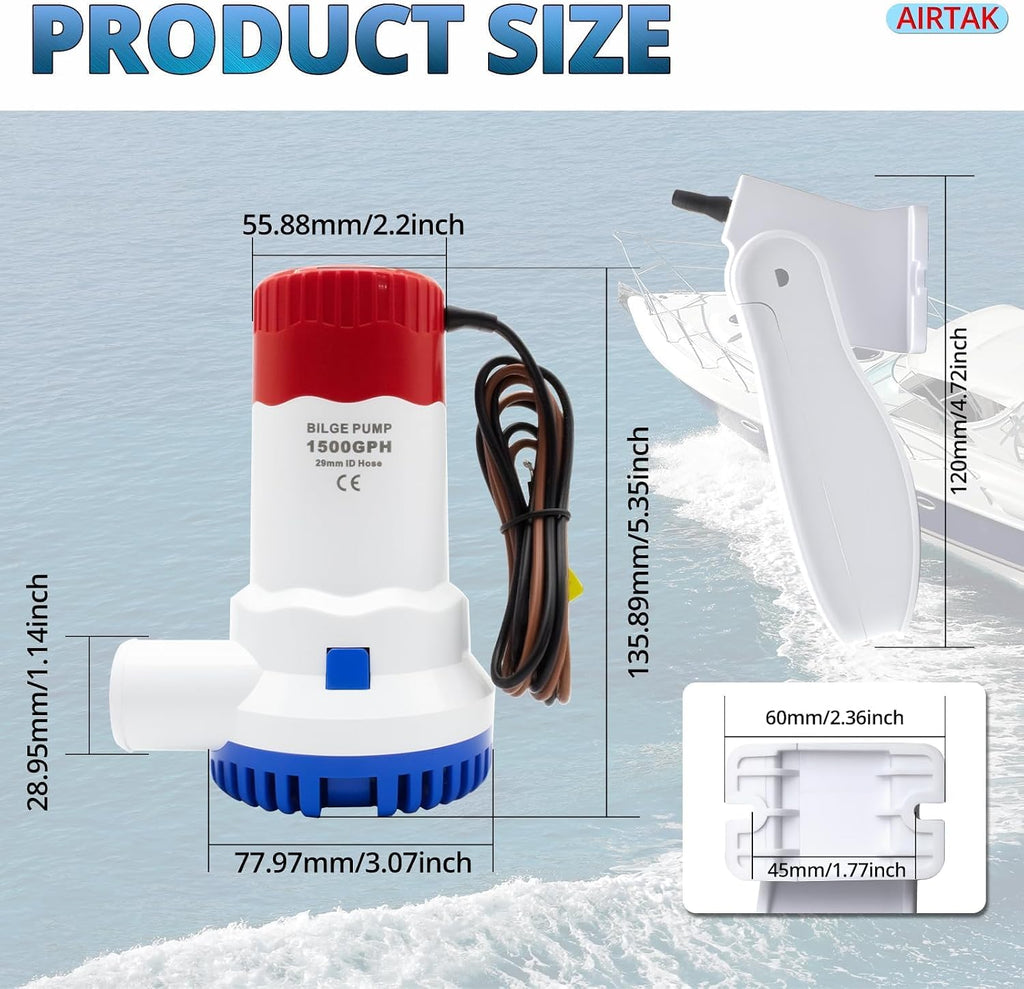 12V 1500 GPH Bilge Pump with Float Switch, 1 Pack