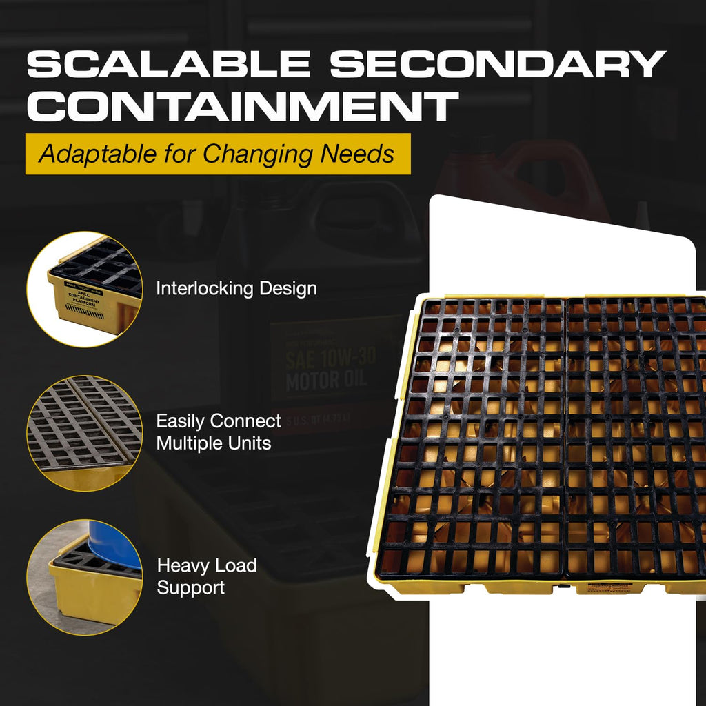 Square 4 Drum Spill Containment Pallet with Drain, Made in USA,Yellow