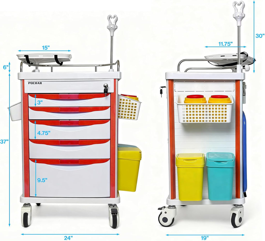 Medical Crash Cart with Emergency Accessory - Cardiac Board, IV Pole, O2 Holder, Power Strip, Trash Bin, Drawers with