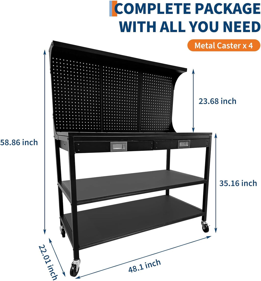 48 Inch Workbench with Drawers, Pegboard & Storage– 3-Tier Garage Work Table with 2 Drawers, 2 Open Shelves & 35