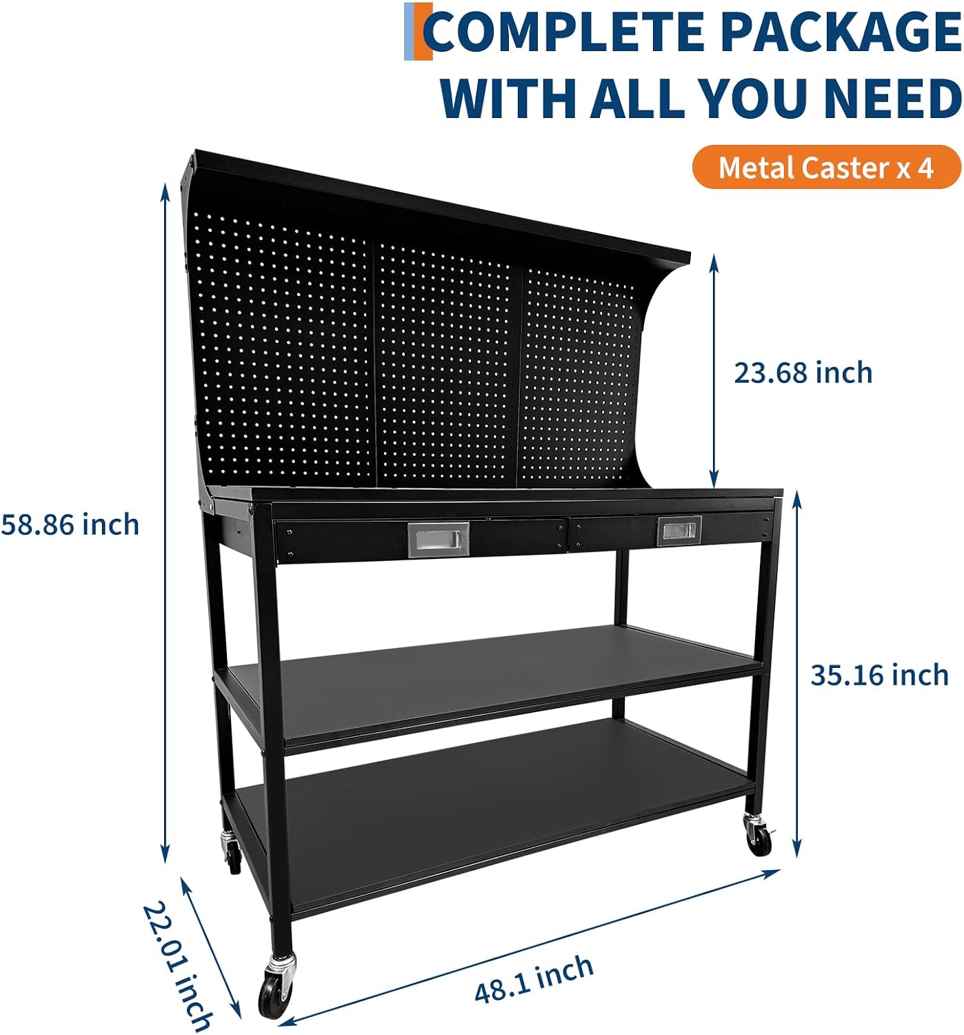 48 Inch Workbench with Drawers, Pegboard & Storage– 3-Tier Garage Work Table with 2 Drawers, 2 Open Shelves & 35