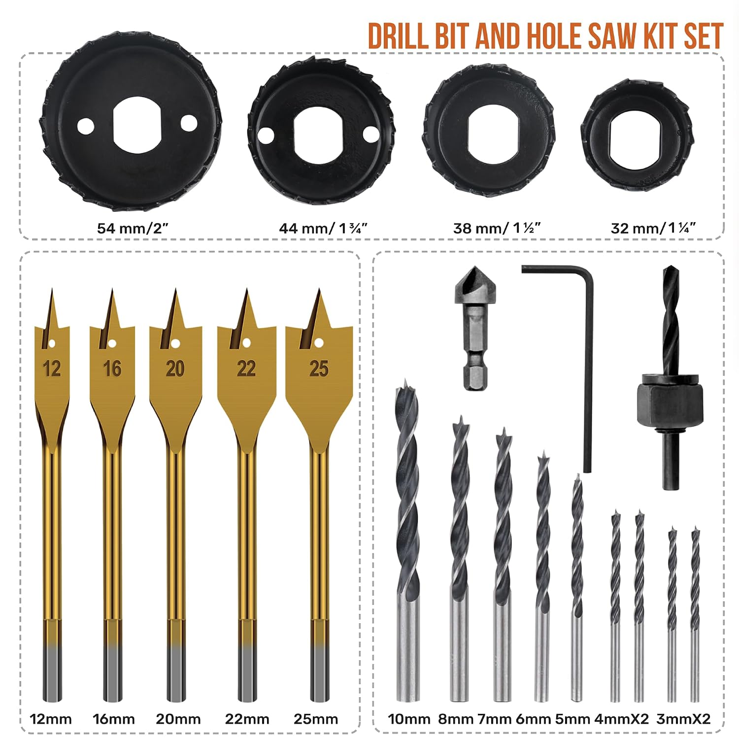 Wood Hole Saw, Brad Point and Spade Drill Bit Set with Case | 21pc, faster bit changes, labeled storage, cleaner