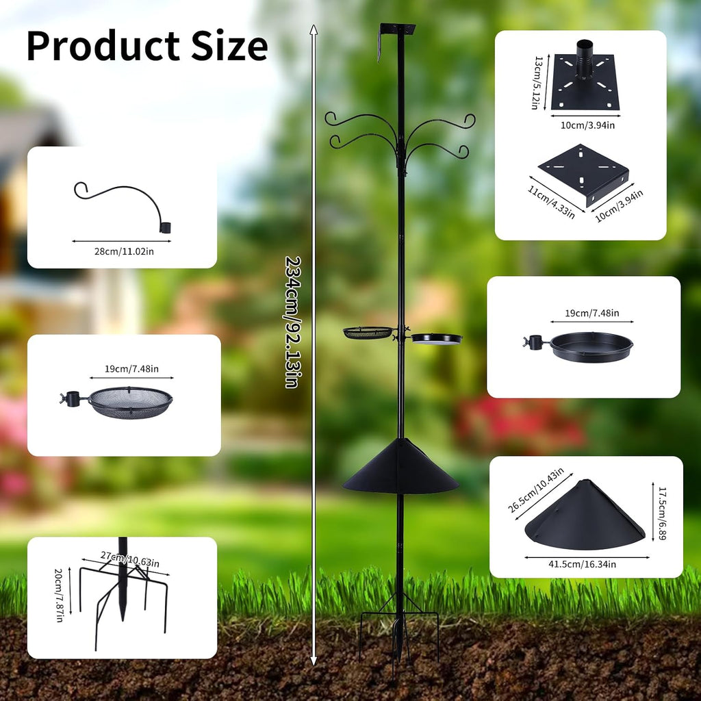 4 in 1 92 Inch Bird Feeder Pole with Squirrel Baffle | With Bath, Food Tray, 4 Hooks and Holds Cage, Metal