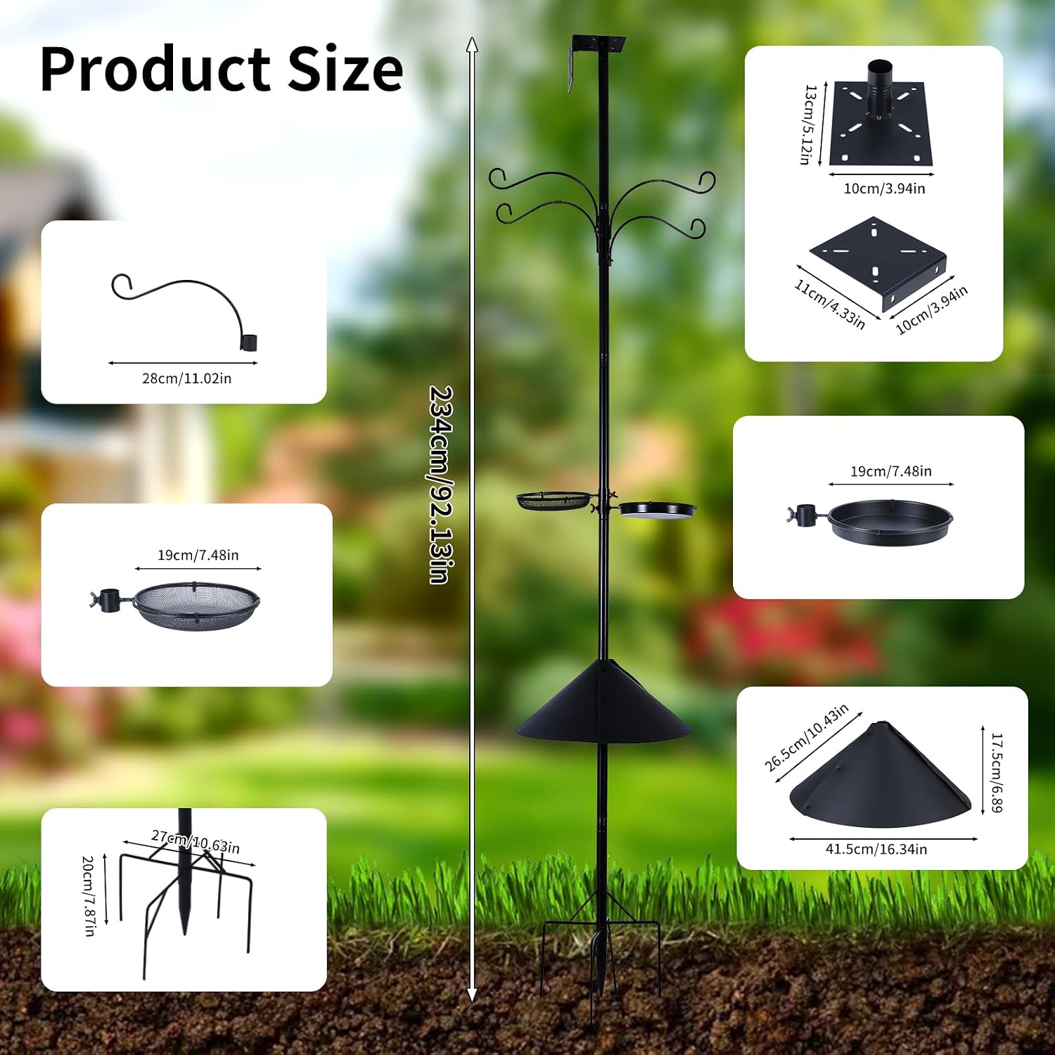 4 in 1 92 Inch Bird Feeder Pole with Squirrel Baffle | With Bath, Food Tray, 4 Hooks and Holds Cage, Metal