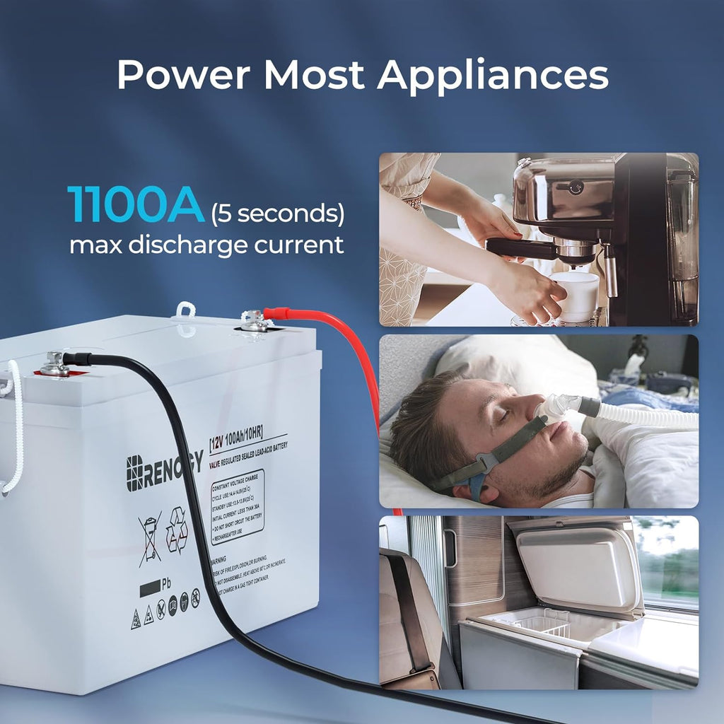 12 Volt 100Ah Deep Cycle AGM Battery, Lead Acid Solar Battery | 3% Self-Discharge Rate, 1100A Max Discharge Current
