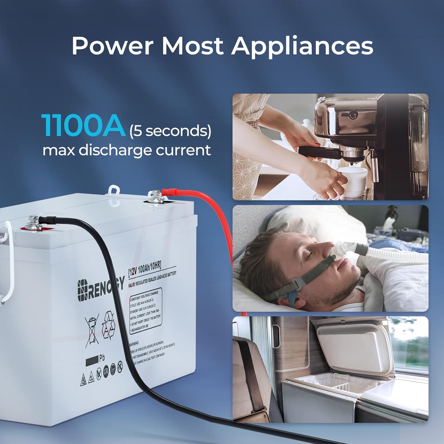 12 Volt 100Ah Deep Cycle AGM Battery, Lead Acid Solar Battery | 3% Self-Discharge Rate, 1100A Max Discharge Current