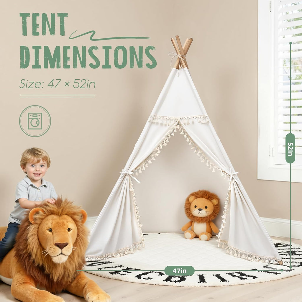 Kids Teepee Tent - Natural Canvas Playhouse with Fringe, Washable Fabric, Tipi Sleepover Tent - Perfect for Indoor &