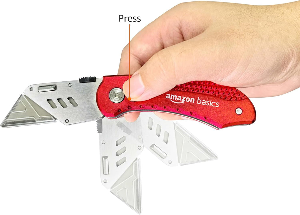 Folding Utility Knife Box Cutter with Back-lock Mechanism, Portable Lightweight Aluminum Handle, Red