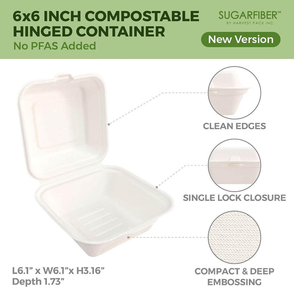 6X6 inch Compostable White Clamshell Take Out Food Containers with Lids
