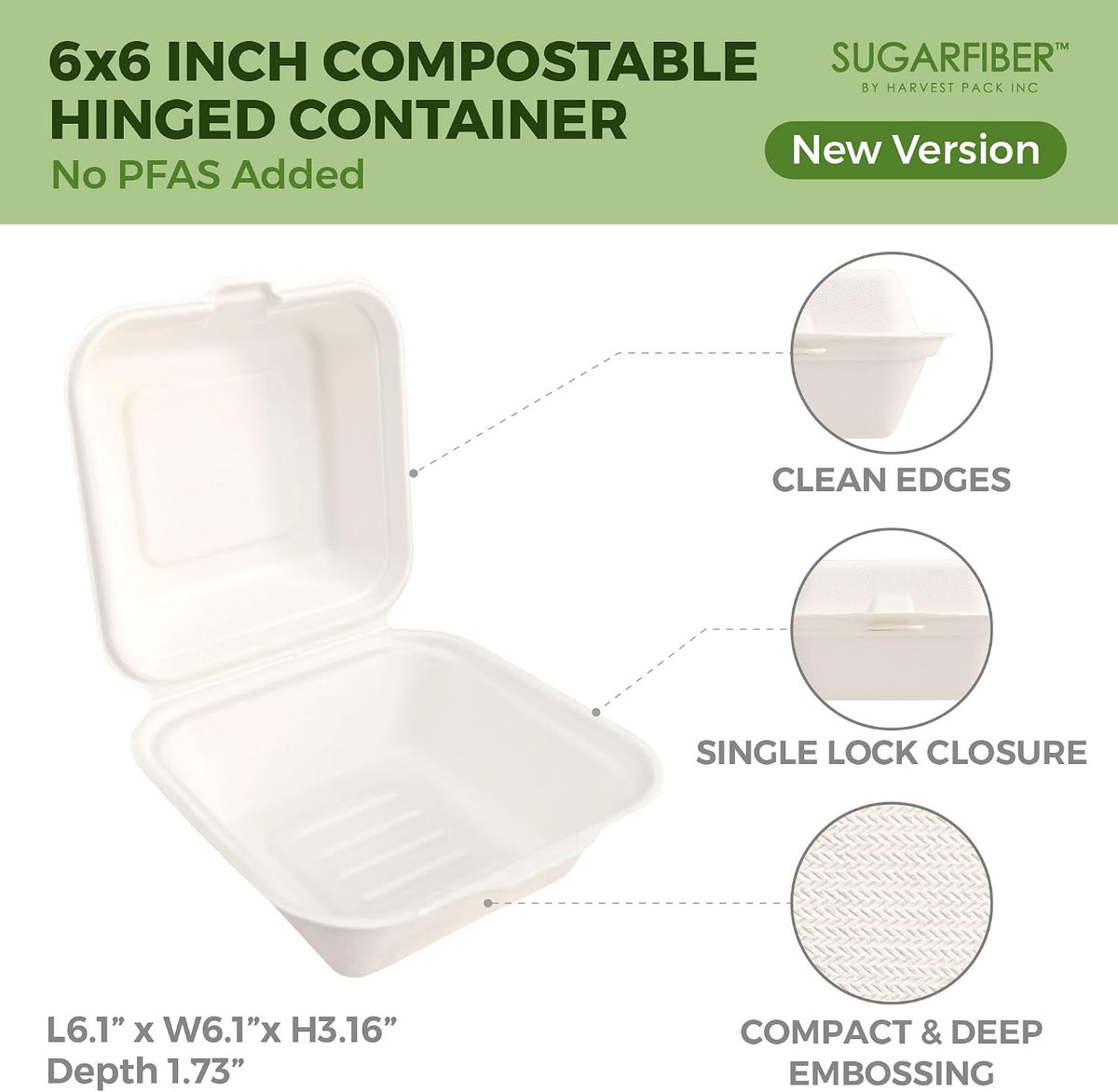6X6 inch Compostable White Clamshell Take Out Food Containers with Lids