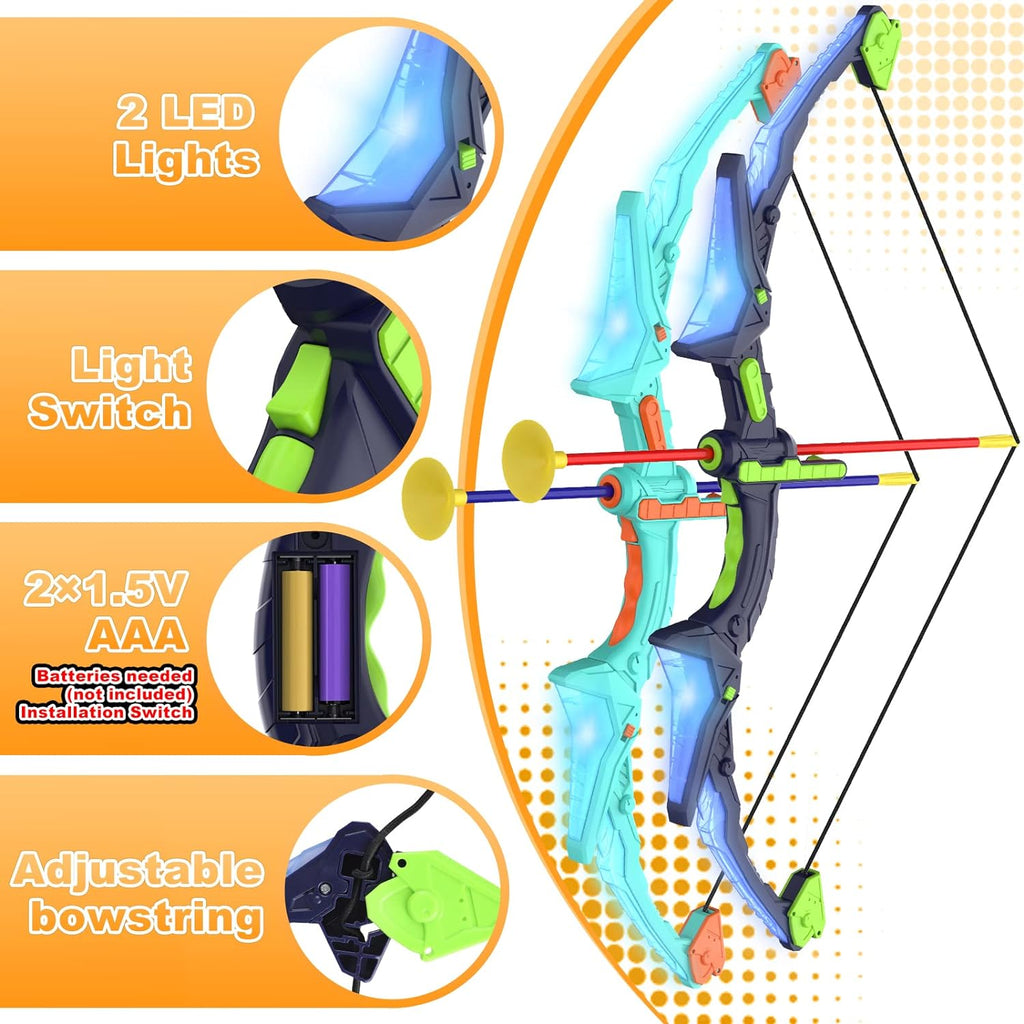 2 Pack Kids Bow and Arrow Set with LED Flash Lights, 14 Suction Cup Arrows and Fluorescence Standing Target-Perfect