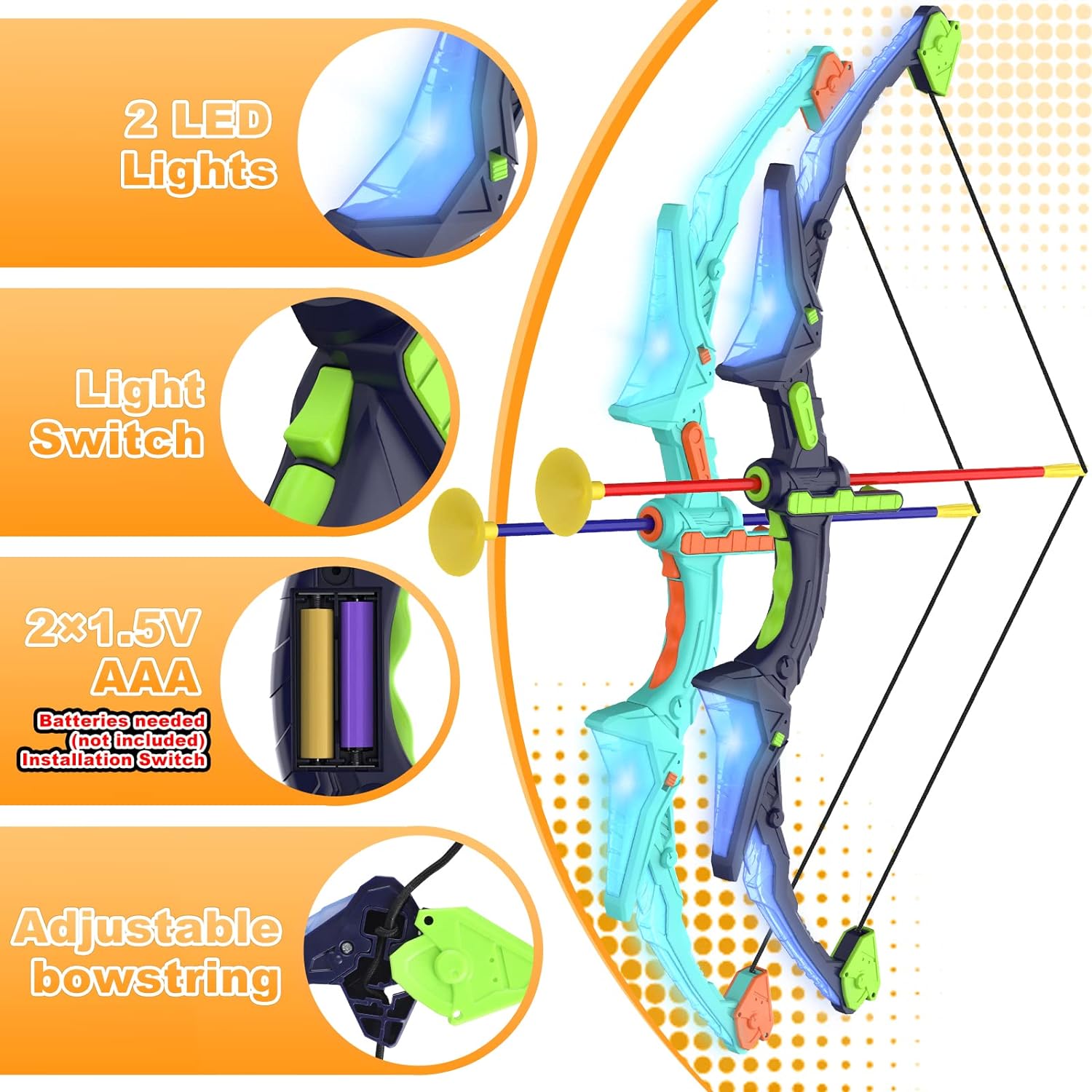 2 Pack Kids Bow and Arrow Set with LED Flash Lights, 14 Suction Cup Arrows and Fluorescence Standing Target-Perfect