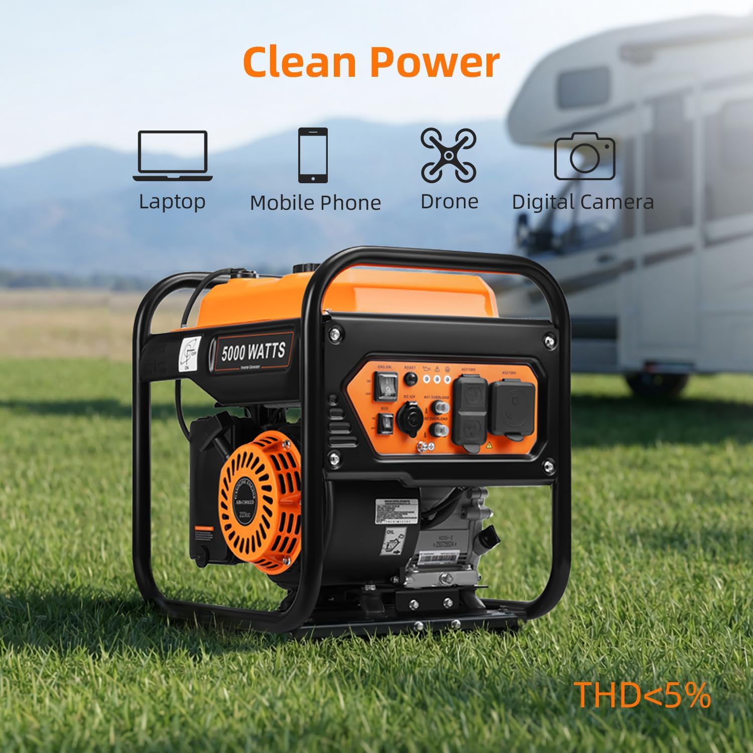 5000-Watts Portable Inverter Generator, Gas Generator for Home Backup, 30A Outlet, RV Ready, ECO Mode, 60Lbs, EPA