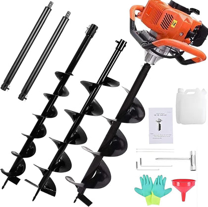 85cc Auger Post Hole Digger Gas Powered Earth Digger 2-Stroke Petrol | w/ 3 Auger Bits (4" 8" 12") + 2 Extension Bar