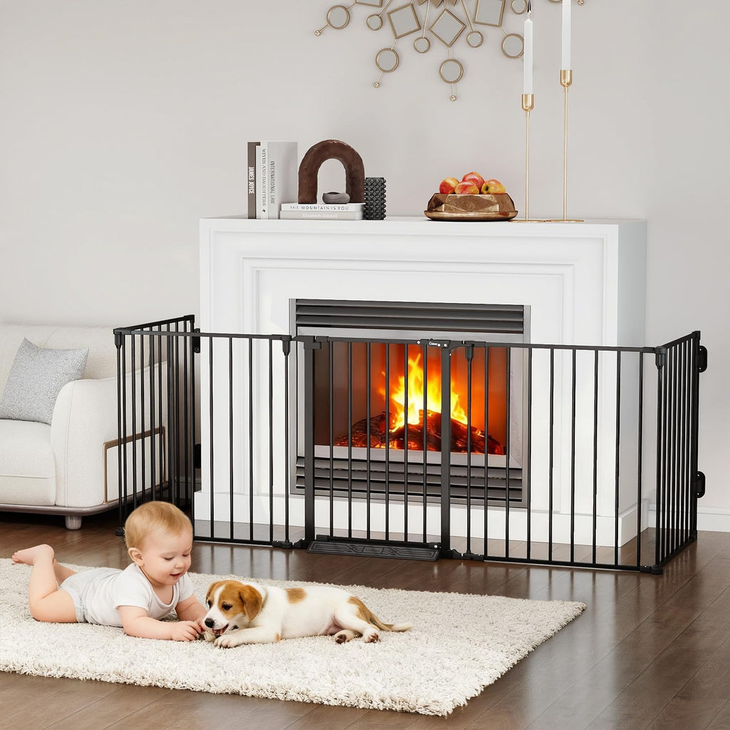 127.5" Extra Wide Baby Gate for Fireplace Christmas Tree, Configurable 5 Metal Panels Baby Fence, Child Gate for Wide