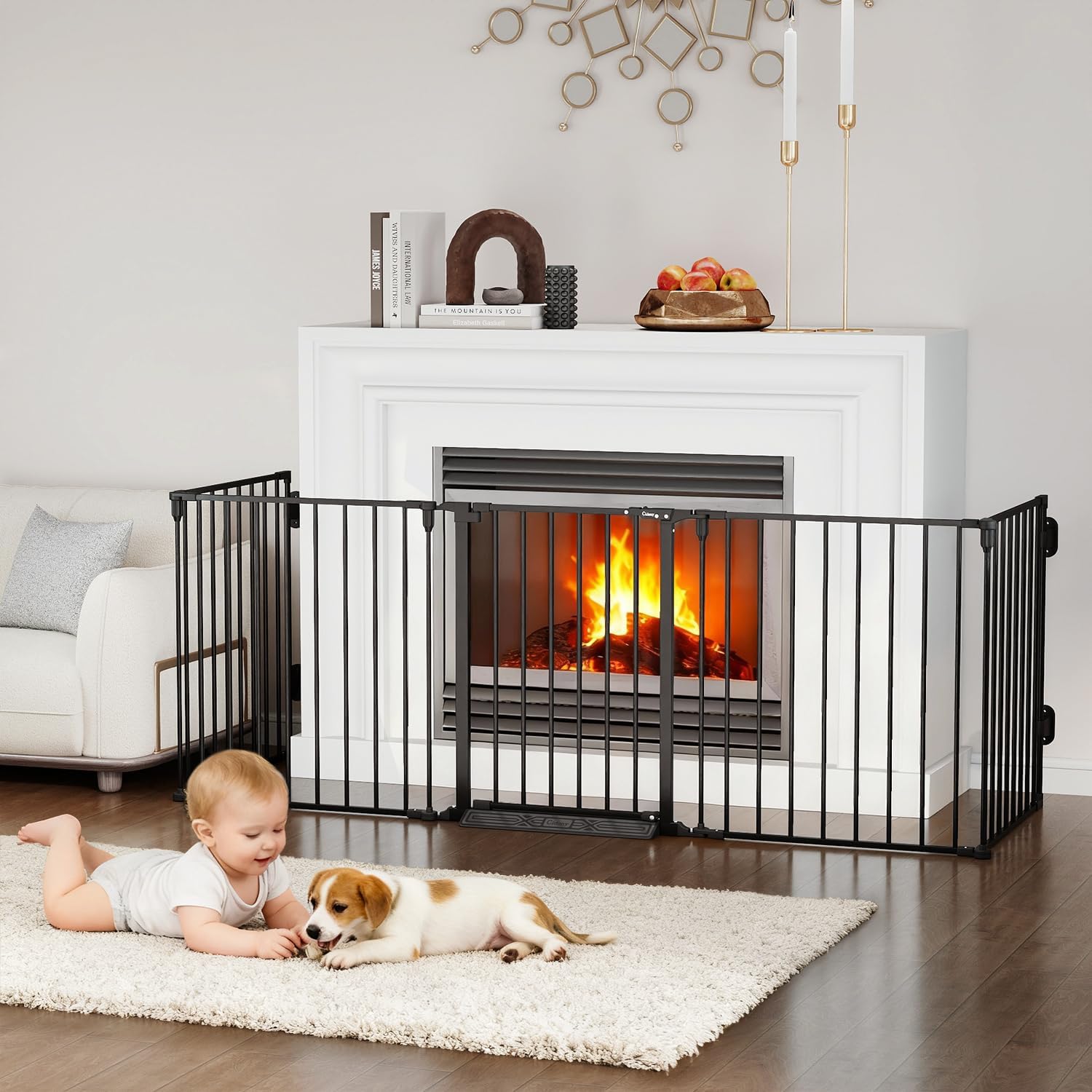 127.5" Extra Wide Baby Gate for Fireplace Christmas Tree, Configurable 5 Metal Panels Baby Fence, Child Gate for Wide