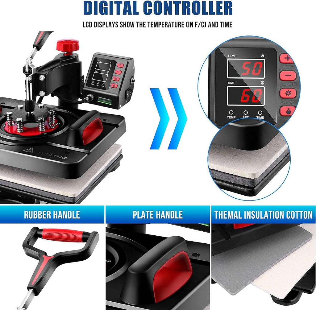 Professional 8 in 1 Heat Press Machine Sublimation Machine 12" X 15" Shirt Press Machine 360° Swing Away