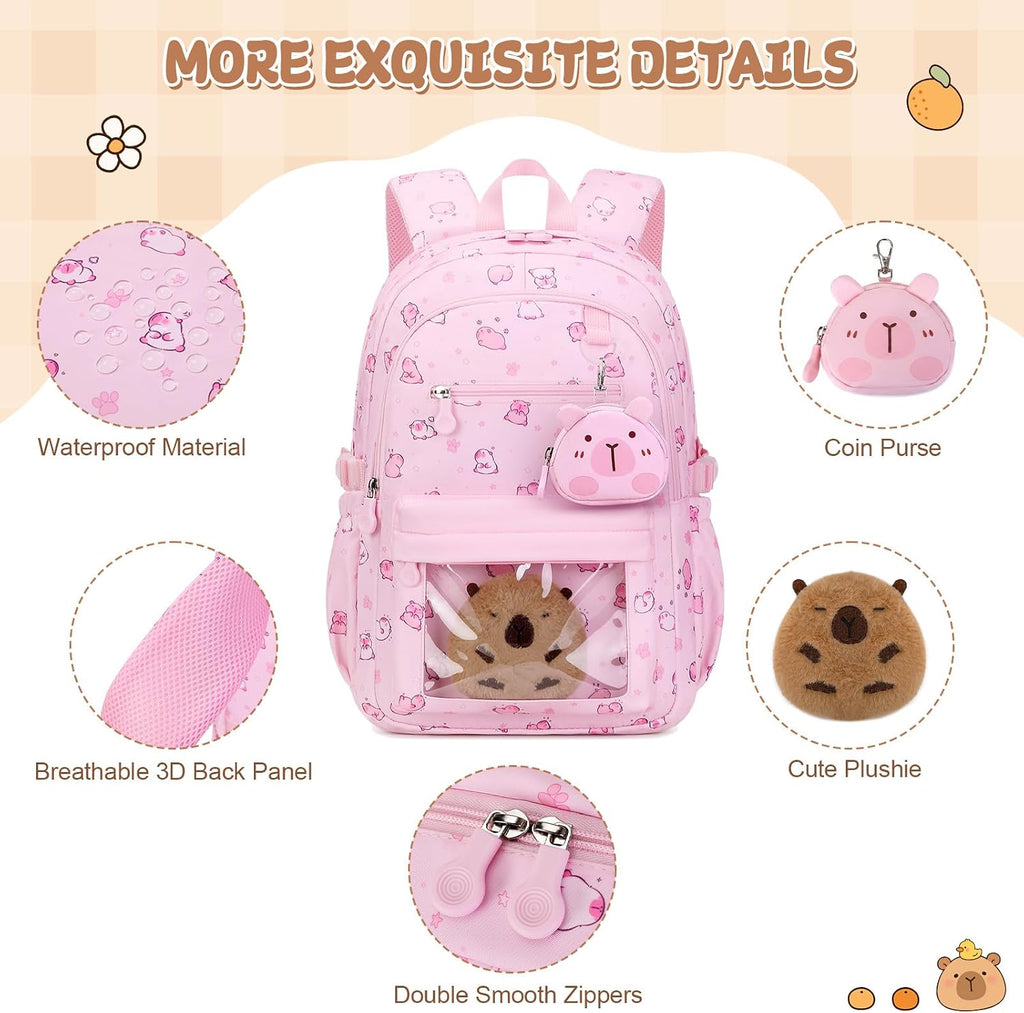 Capybara Theme Backpack for School Girls, 35PCS Kids Backpack Set with School Supplies Stationery Kit Lunch Box