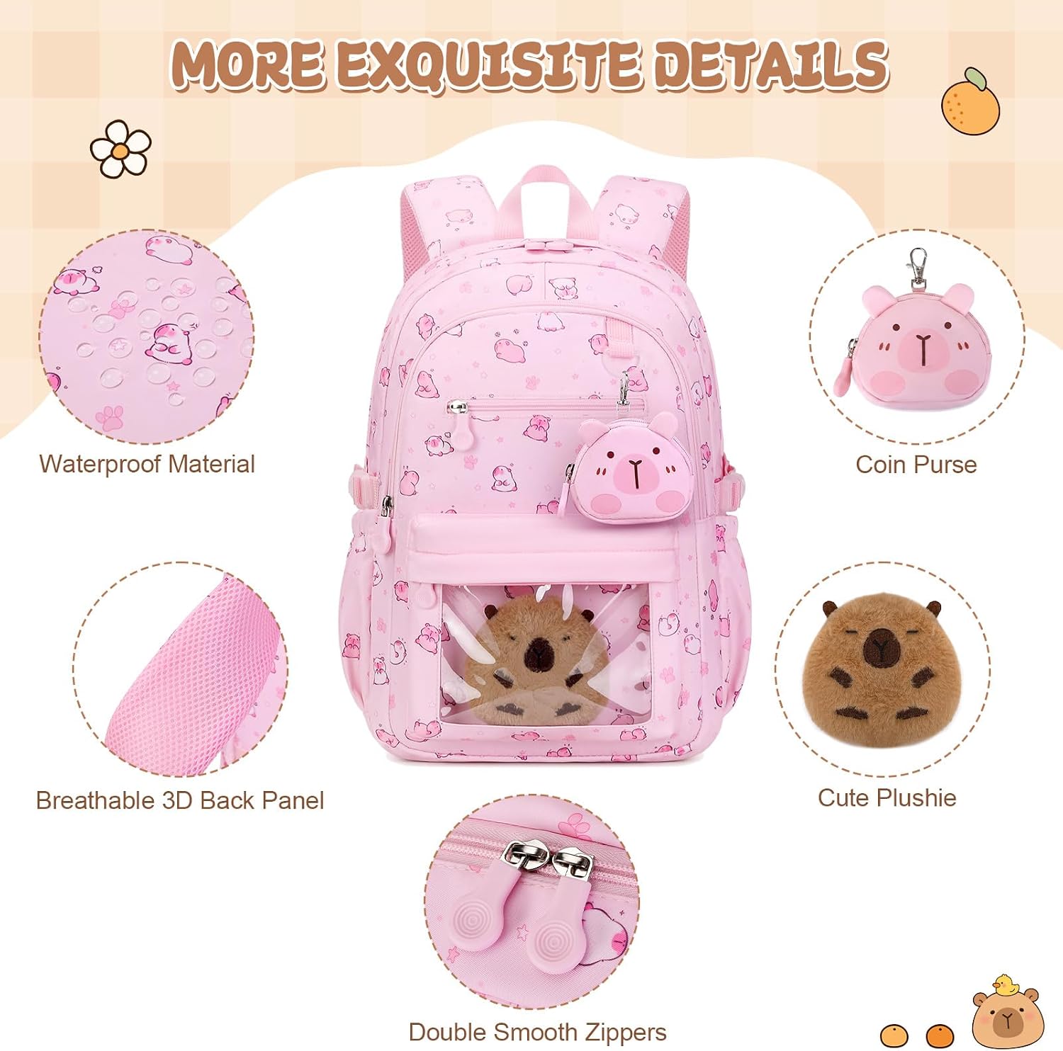 Capybara Theme Backpack for School Girls, 35PCS Kids Backpack Set with School Supplies Stationery Kit Lunch Box