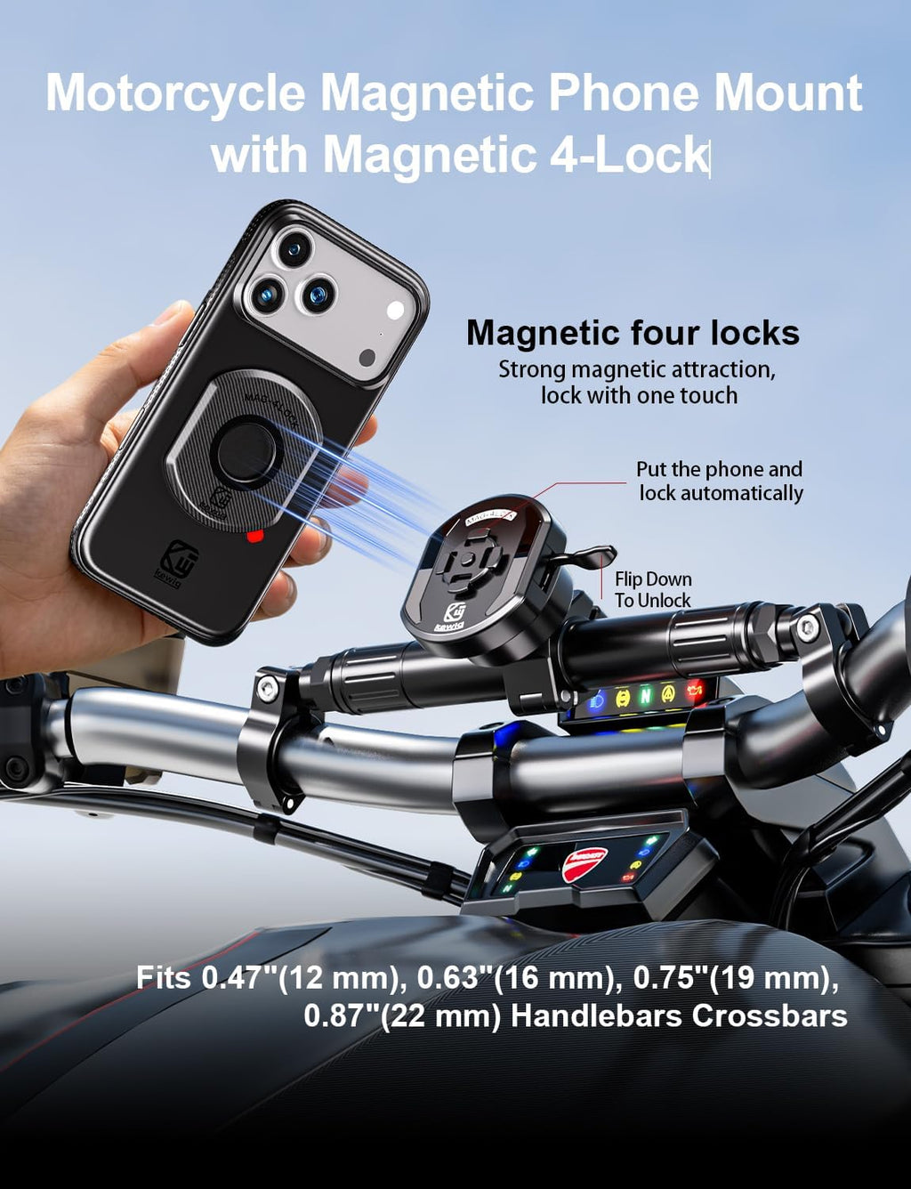 Aluminum Alloy Motorcycle Magnetic Phone Mount with Magnetic 4-Lock‌ | Vibration Dampener, 1s Auto Lock Bike Phone