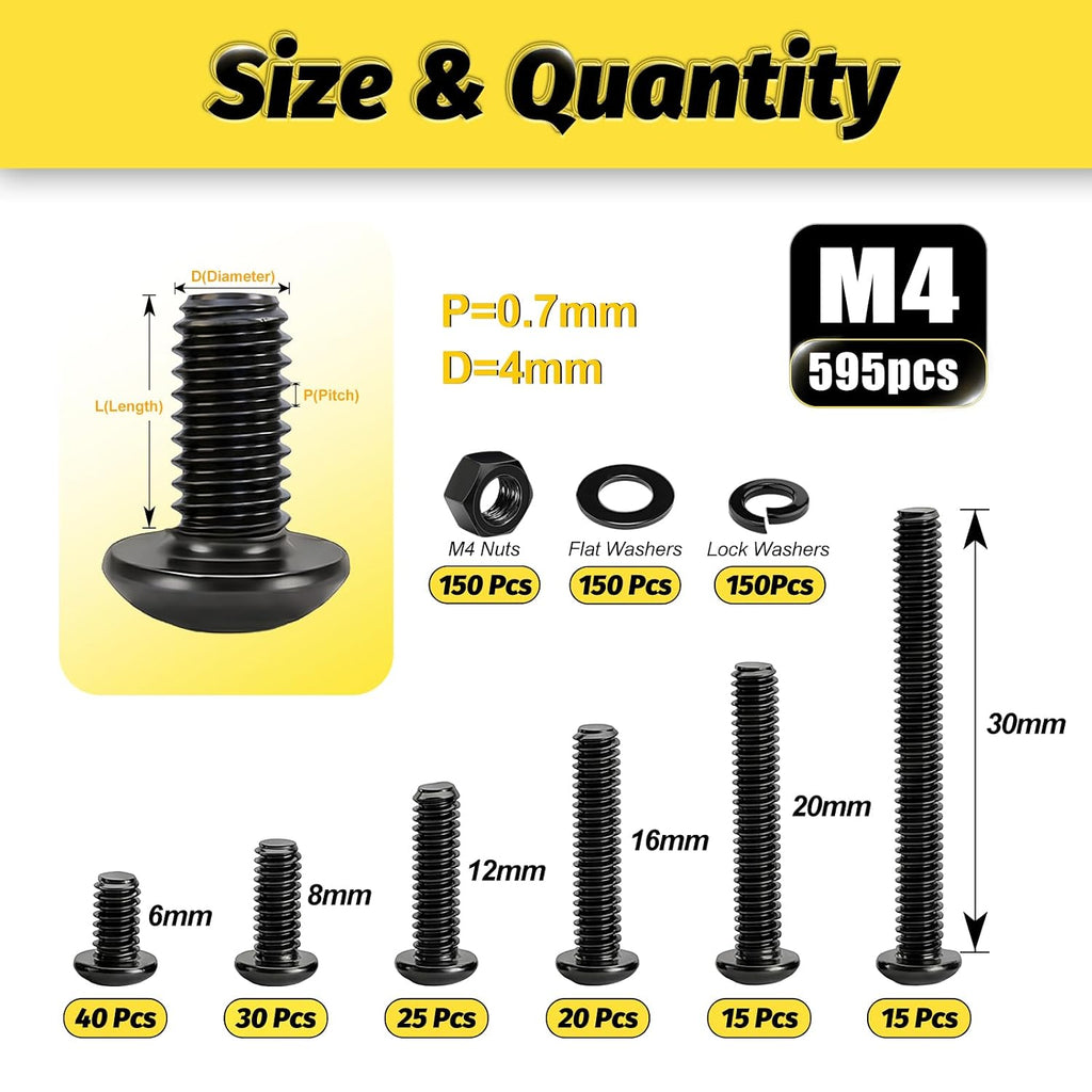 KADRICK 595Pcs M4 Screw Kit,Hex Socket Button Head M4 Bolts Length 6MM-30MM