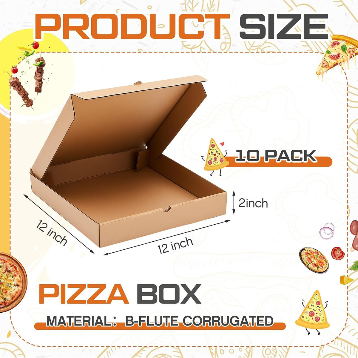 10 Pcs Corrugated Pizza Boxes 12 x 12 Inches, Brown